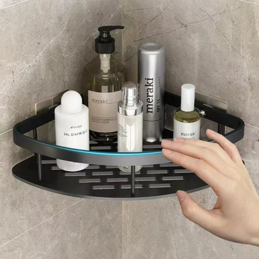 Black double-tier shower organizer with raised rim and square adhesive mount plate