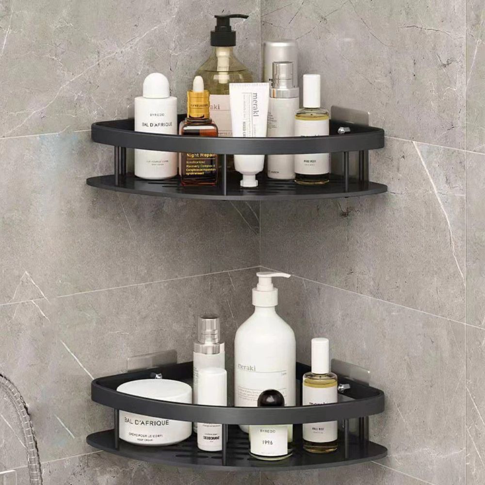 Set of black minimalist curved bathroom corner shelves with open vertical support bars