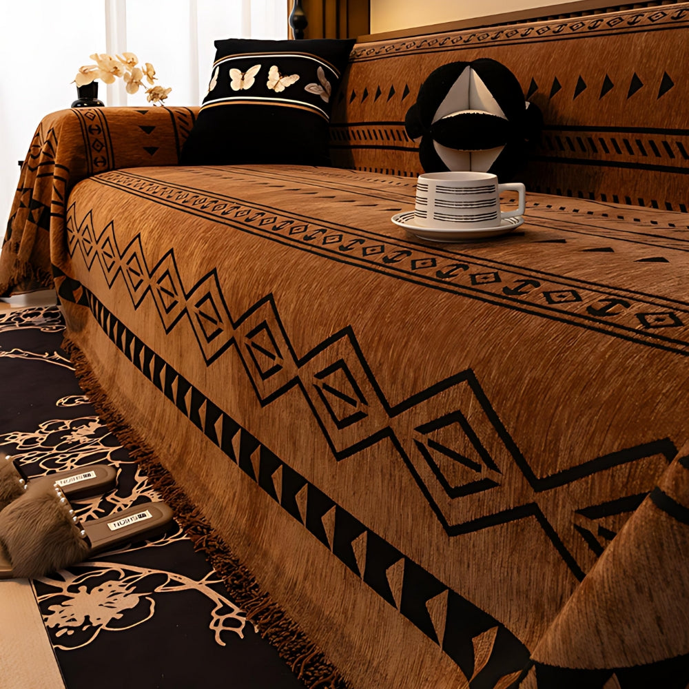 Tribal-Inspired Chenille Sofa Cover – Soft Textured Fabric with Bold Patterns 0