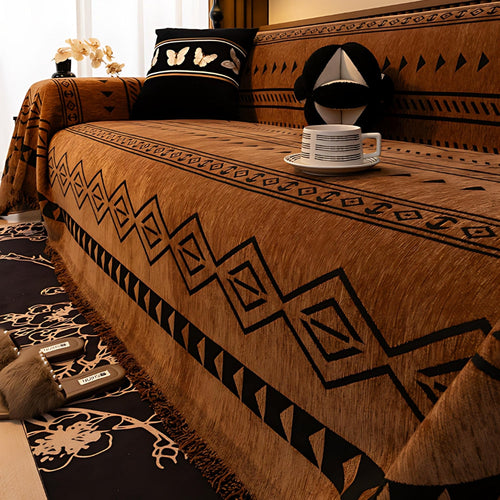 Tribal-Inspired Chenille Sofa Cover – Soft Textured Fabric with Bold Patterns
