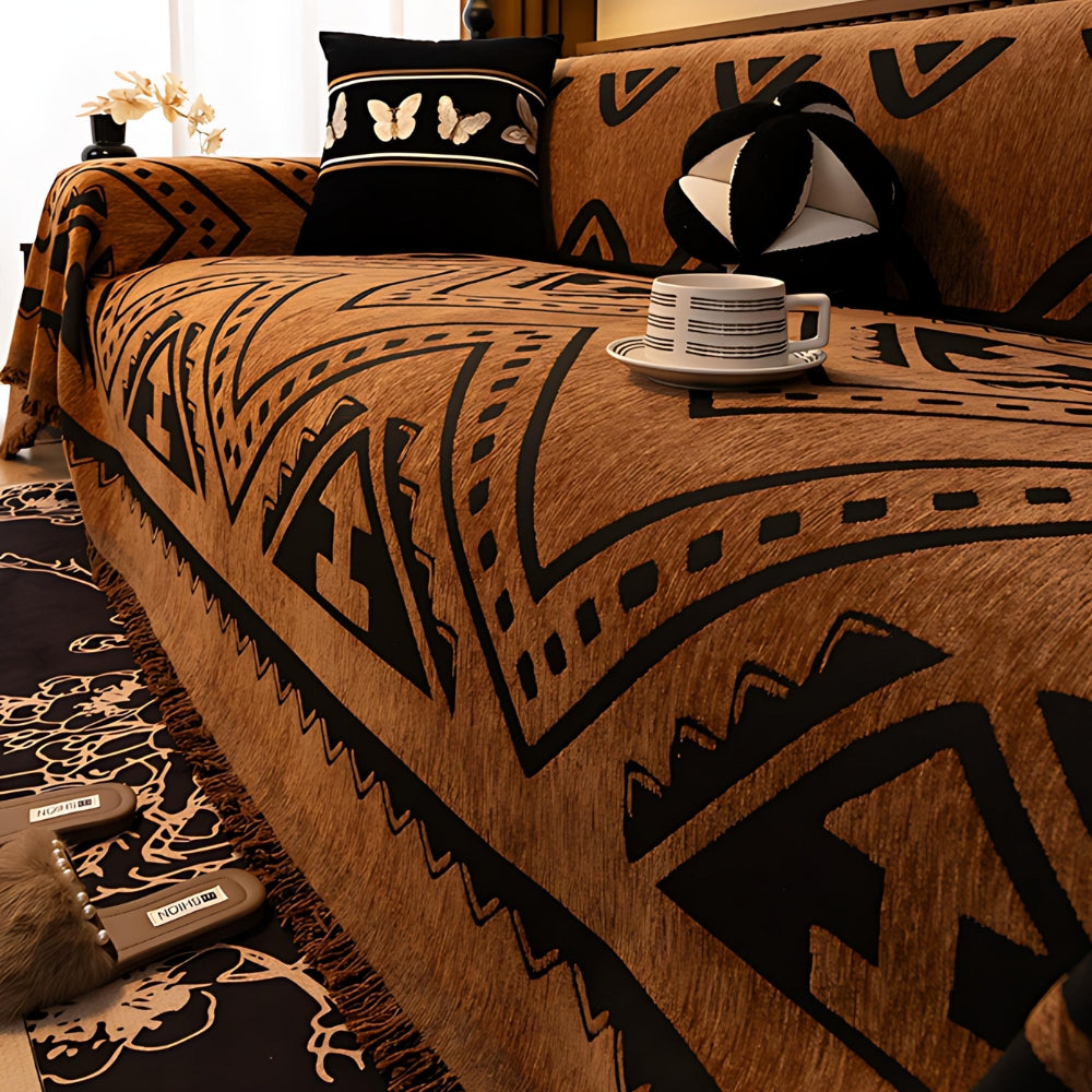 Tribal-Inspired Chenille Sofa Cover – Soft Textured Fabric with Bold Patterns 3