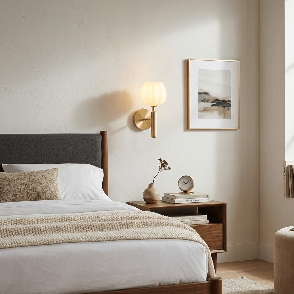 Tulip alabaster wall sconce with brushed brass arm in bedroom setting
