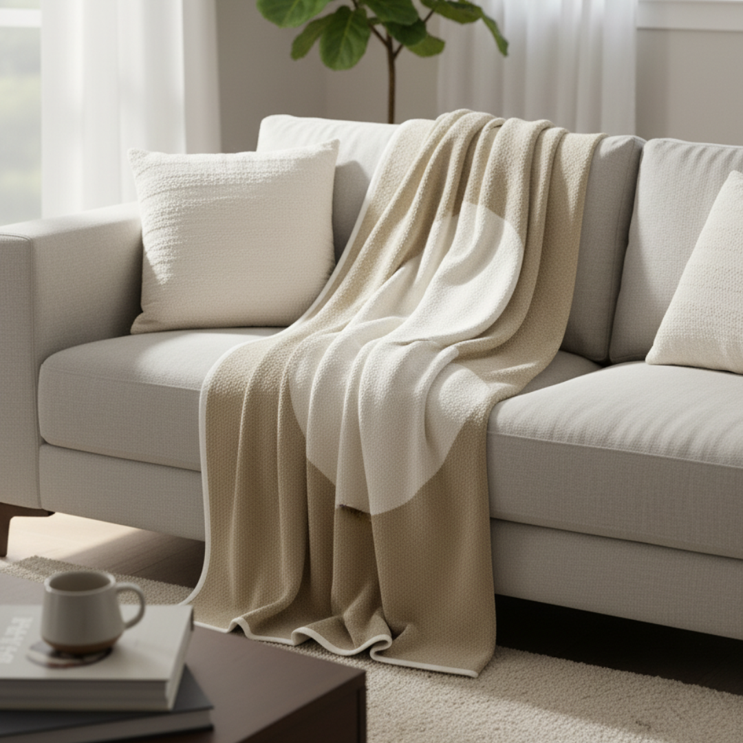 VERA Minimalist Circular Knit Blanket - Nougat & Cream Cotton-Wool Blend - Velvet-Soft Modern Throw by Pappelina