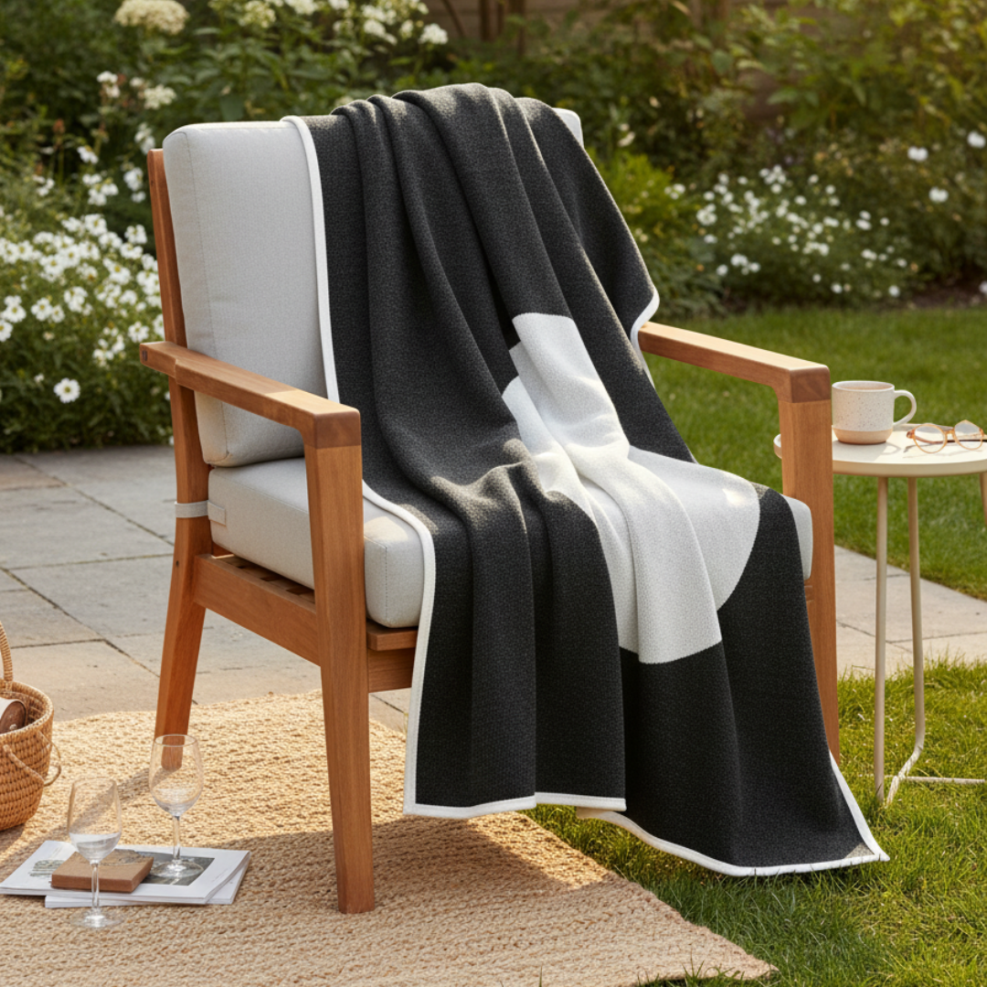 VERA Reversible Cotton-Wool Blanket – 90x180cm Black & White Circular Geometric Throw