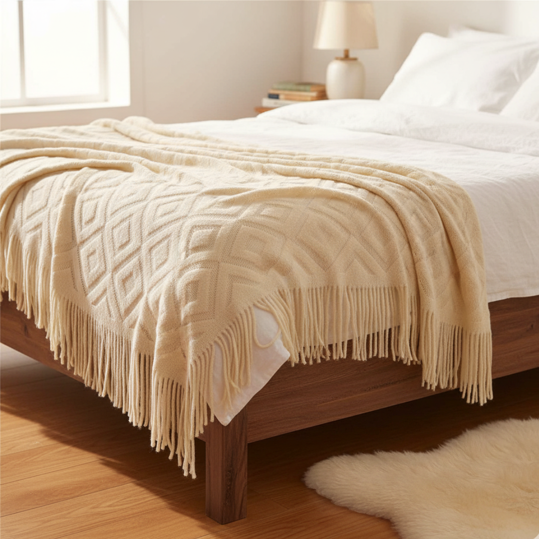 Vallon Open Weave Knit Throw Blanket - Breathable Geometric Diamond Pattern with Tassels - Lightweight Bed & Sofa Cover