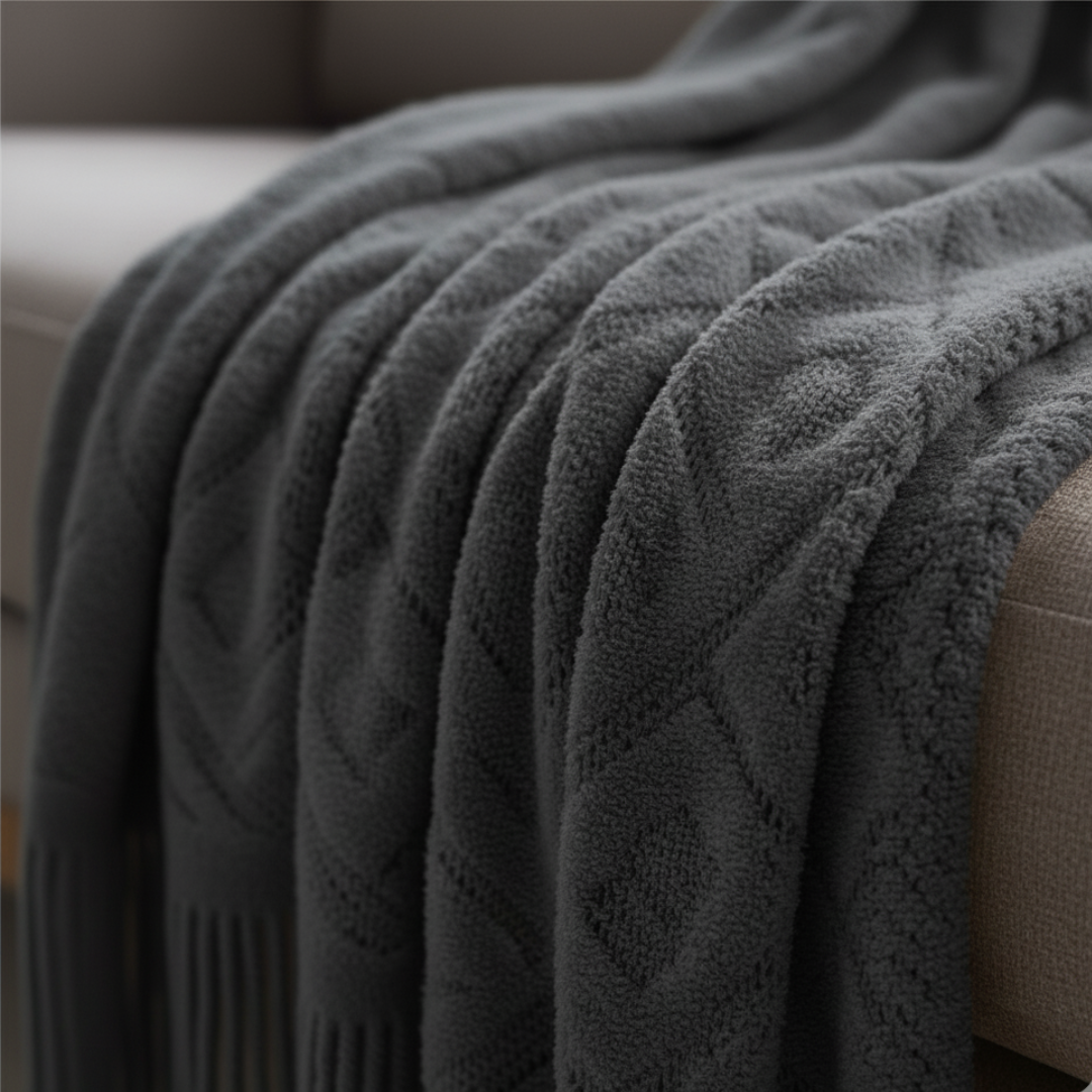 Vallon Open Weave Knit Throw Blanket - Breathable Geometric Diamond Pattern with Tassels - Lightweight Bed & Sofa Cover
