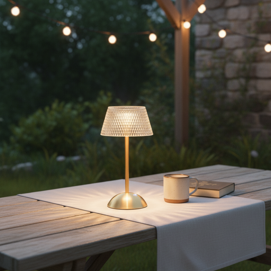 Verona Crystal Glow Cordless Lamp – 3-Tone Dimmable Art Deco Acrylic & Gold Light