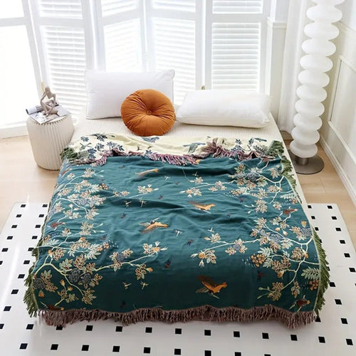 Vintage Botanical Throw Blanket | Reversible Fringed Edge Woven Cotton