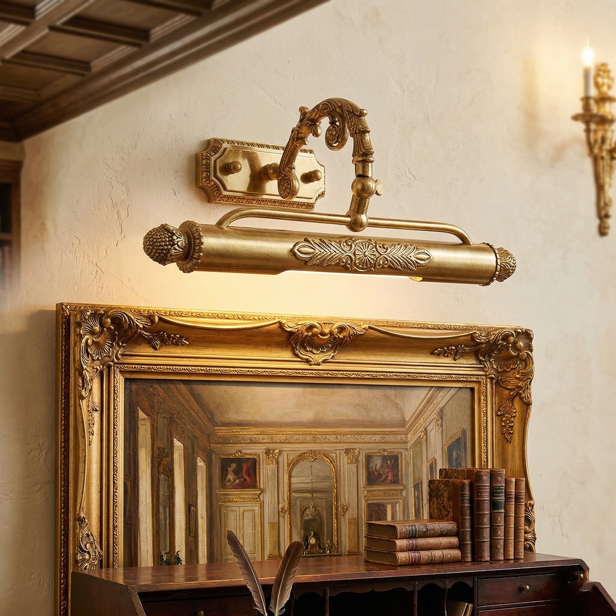 Antique brass artwork display lamp with intricate scrollwork over gold frame