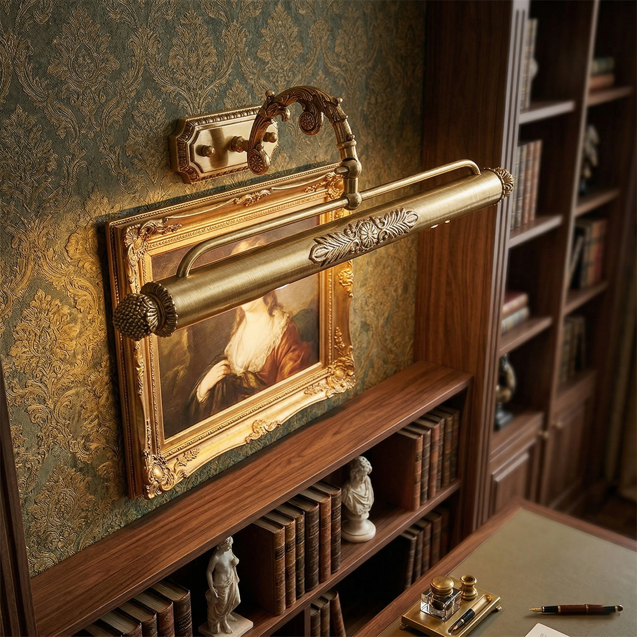 Ornate brass wall sconce mounted above portrait on damask wallpaper
