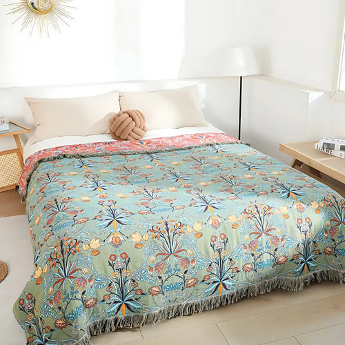 Vintage Floral Bedspread | Reversible Fringed Border Pure Woven Cotton