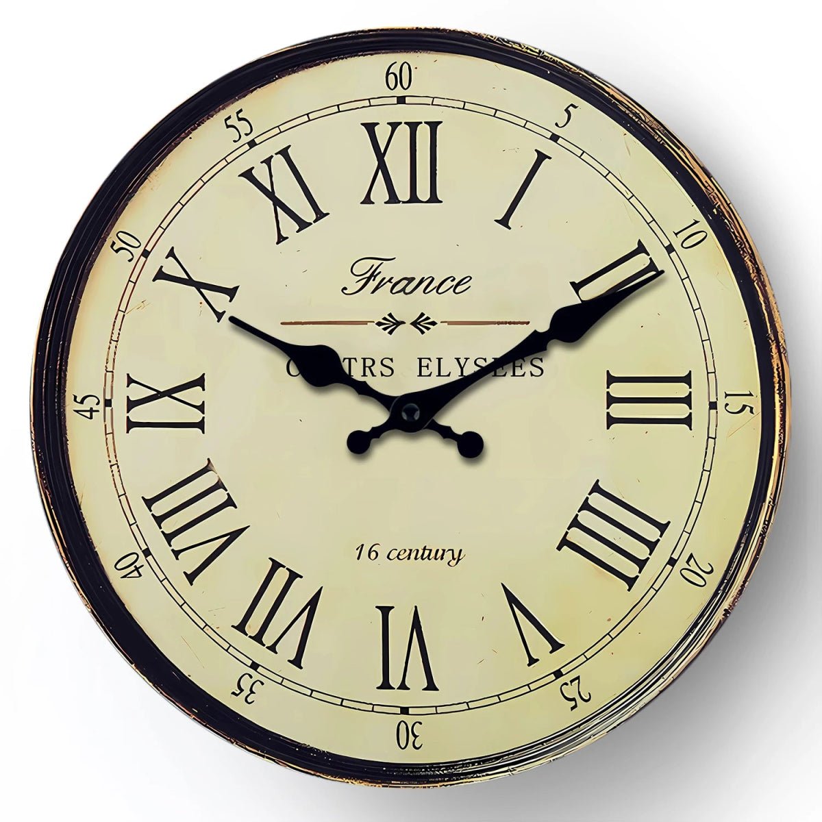 Close-up of vintage cream face wall clock with black Roman numerals and weathered rim