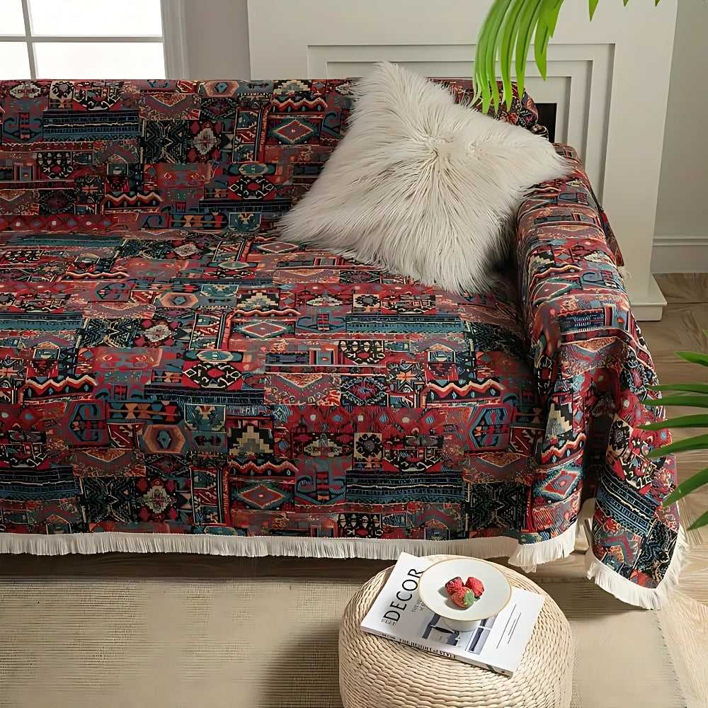 Vintage Bohemian Sofa Cover – Geometric Floral Design with Elegant Tassel Trim 0