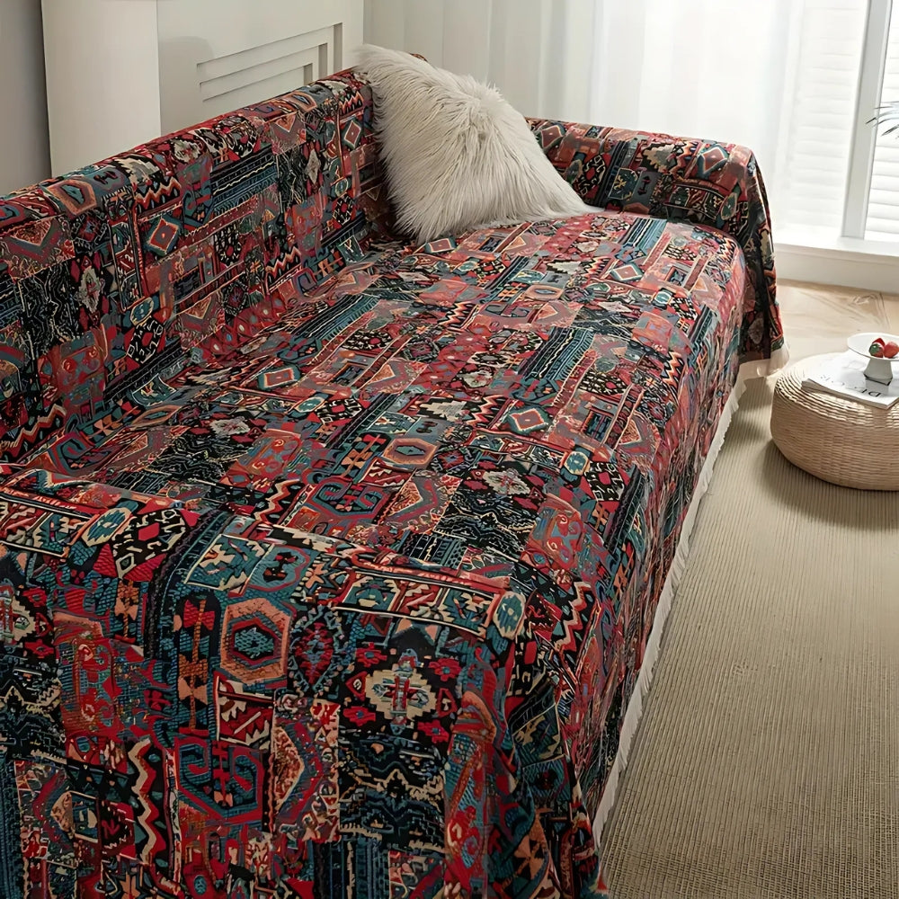 Vintage Bohemian Sofa Cover – Geometric Floral Design with Elegant Tassel Trim 3