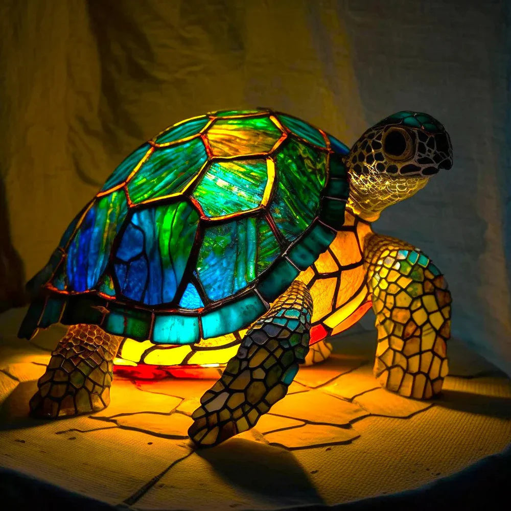 Sea turtle stained glass table lamp with hexagonal shell pattern