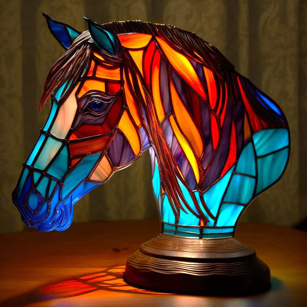 Horse head stained glass table lamp with flowing turquoise mane