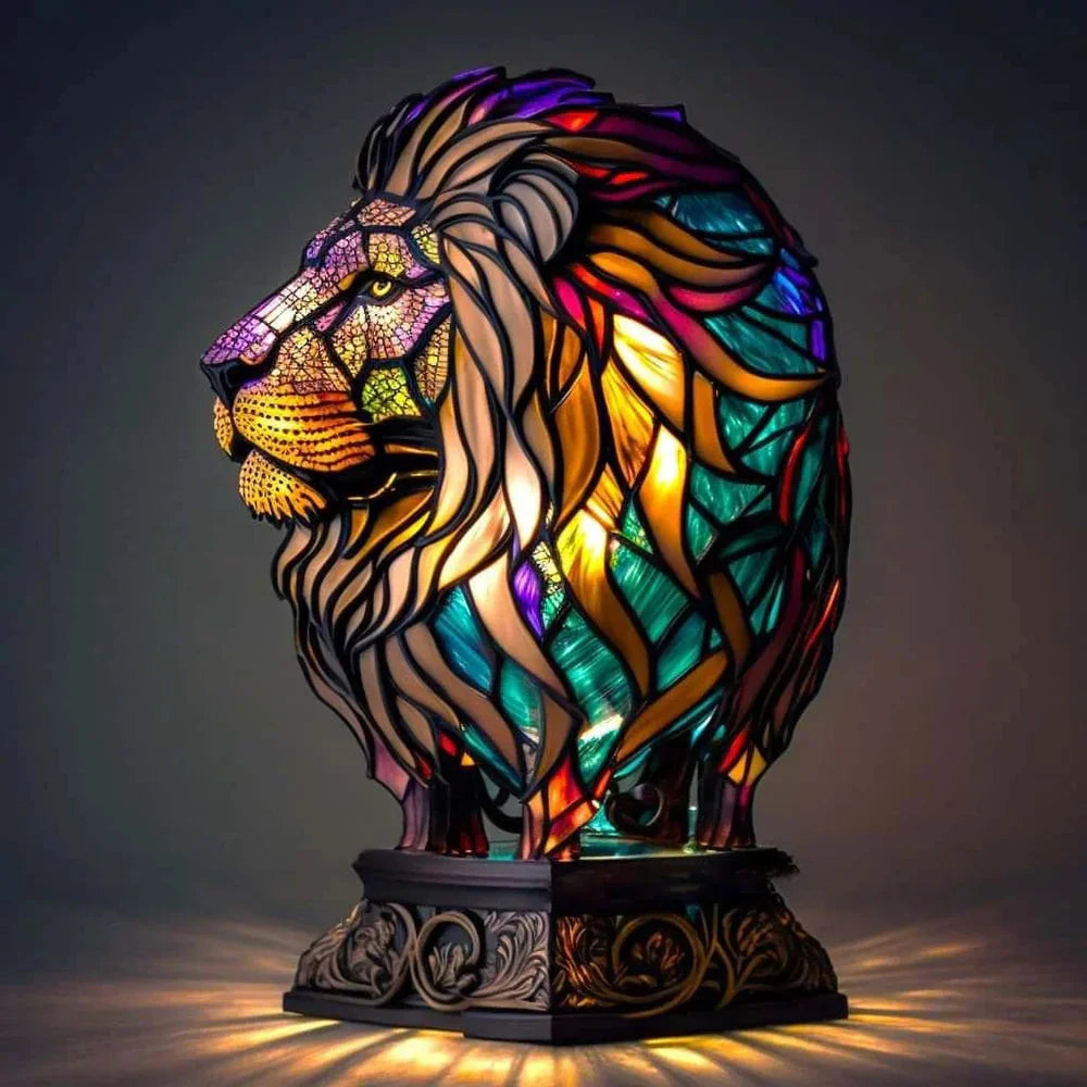 Lion head profile stained glass table lamp with gold mane
