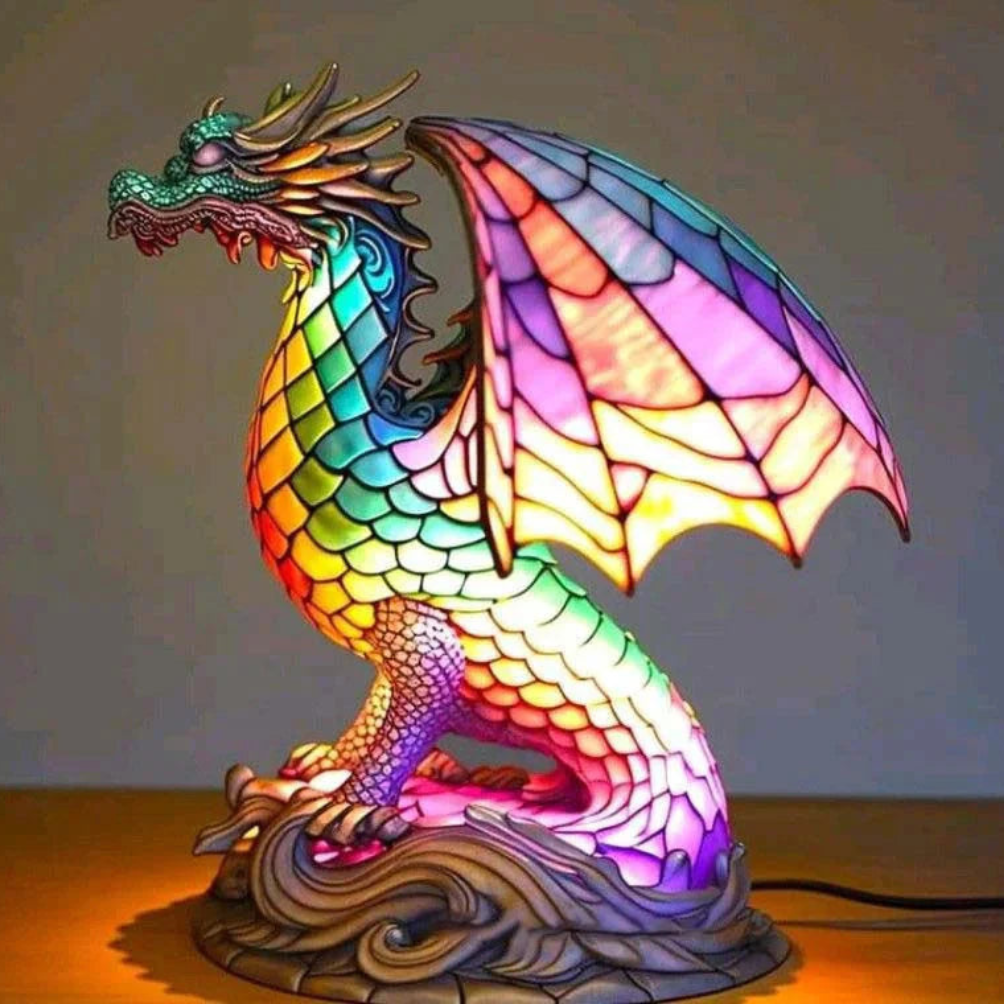 Rainbow dragon stained glass table lamp with sculpted rock base