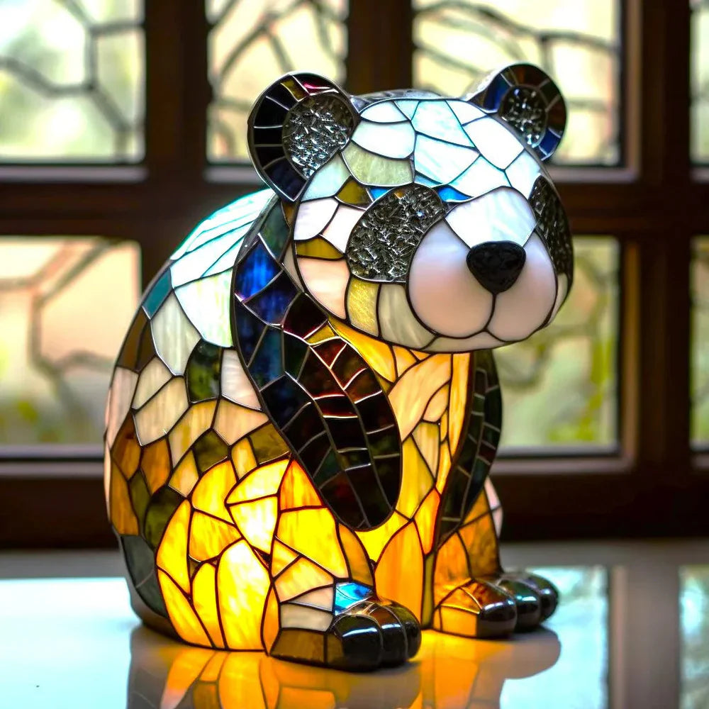 Panda stained glass table lamp with black and cream mosaic body
