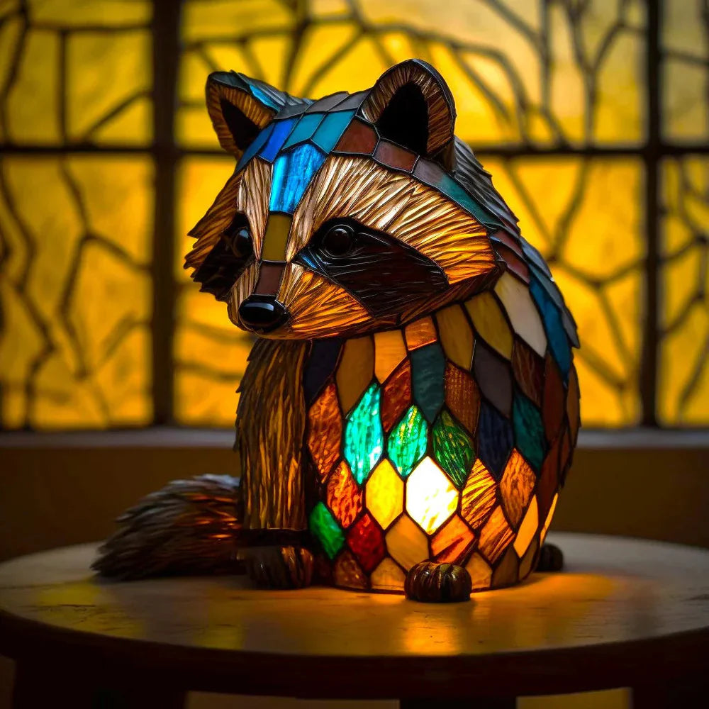 Raccoon seated stained glass table lamp with bushy tail