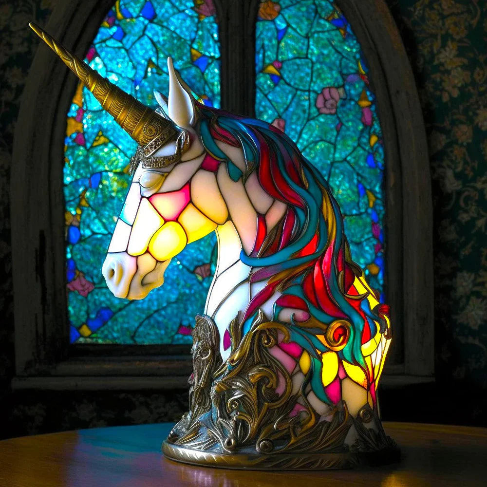 Unicorn head stained glass table lamp with golden horn and crown