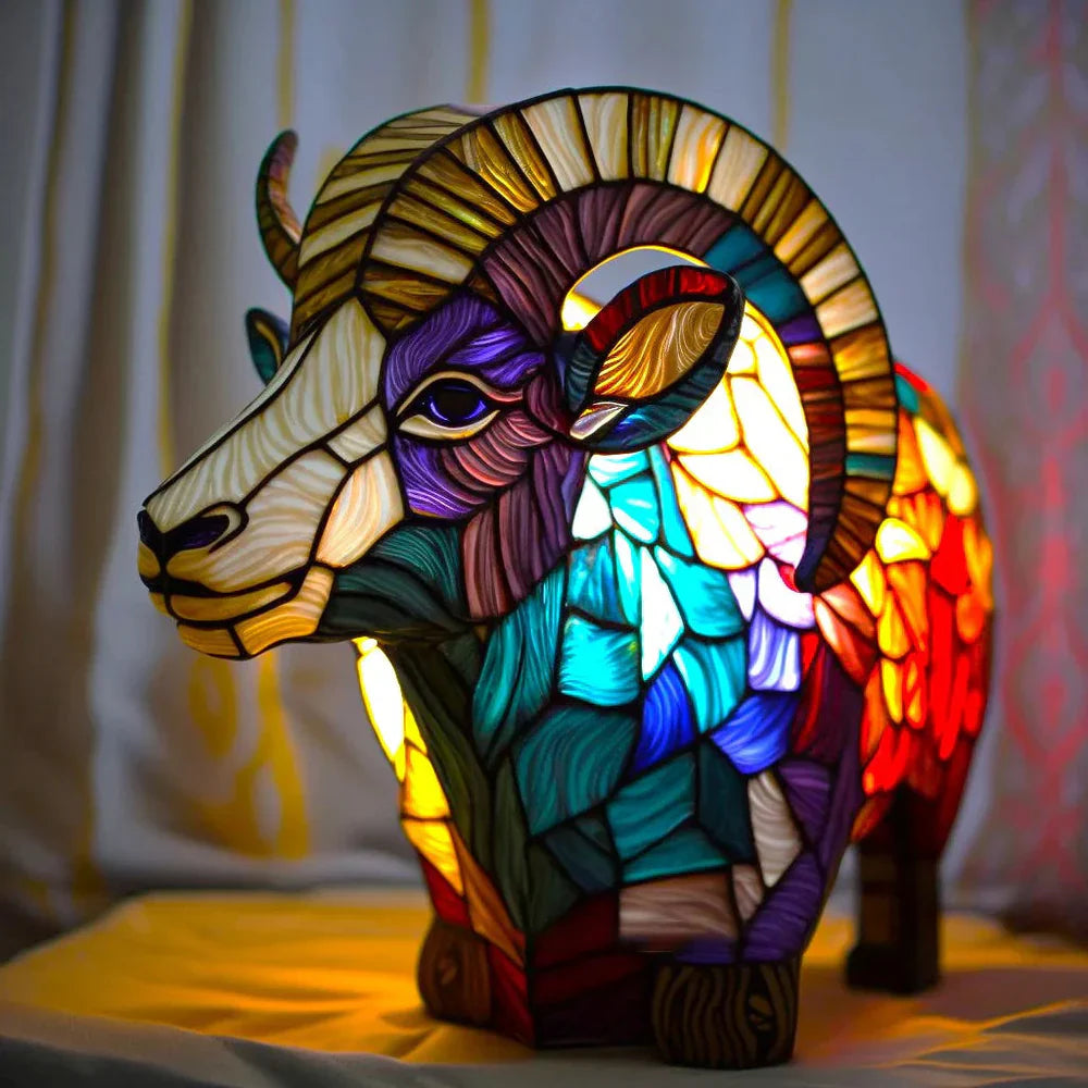 Ram profile stained glass table lamp with curved striped horns