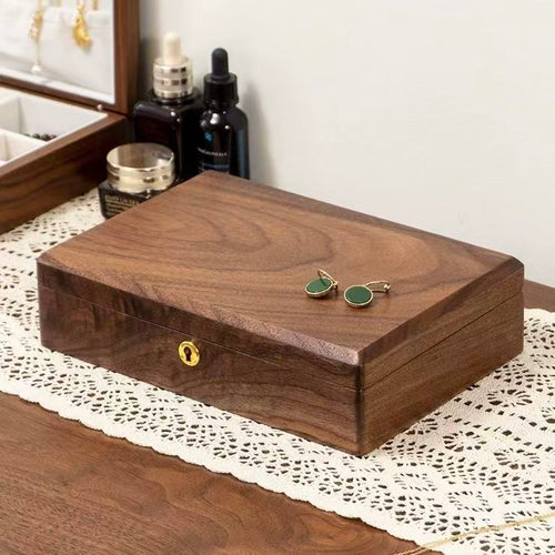 Walnut Wooden Jewelry Box | Key Lock Closure and Mirror Multi-Tier Organizer