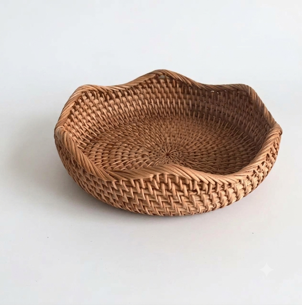 Artisan handwoven rattan fruit bowl with undulating organic rim