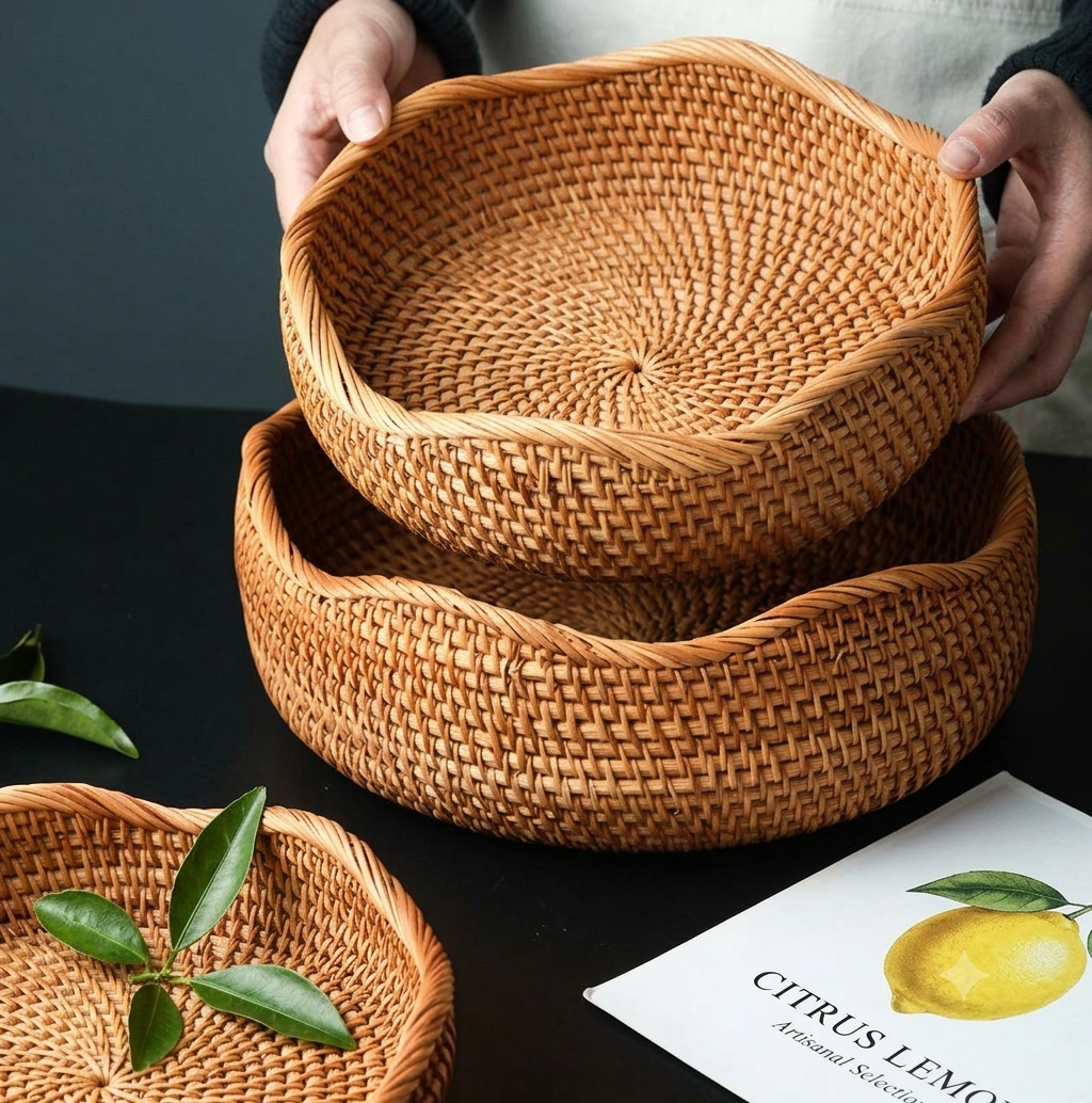 Boho rattan storage baskets holding citrus fruit on dark table