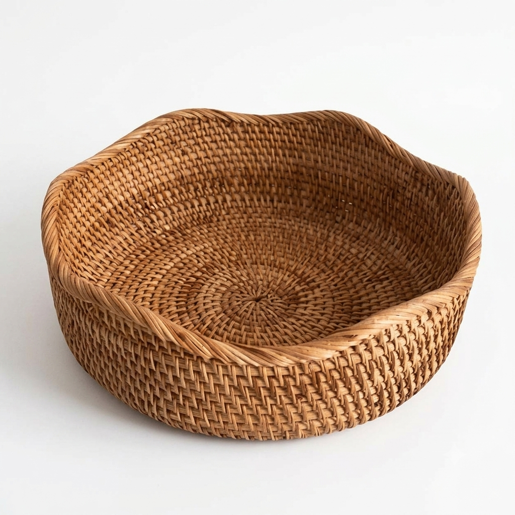 Single natural brown woven rattan bowl with twisted scalloped edge