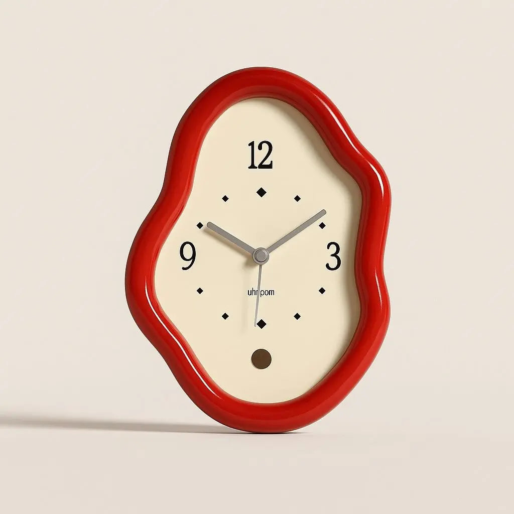 Cherry red high-gloss wavy desk clock with cream dial and diamond markers