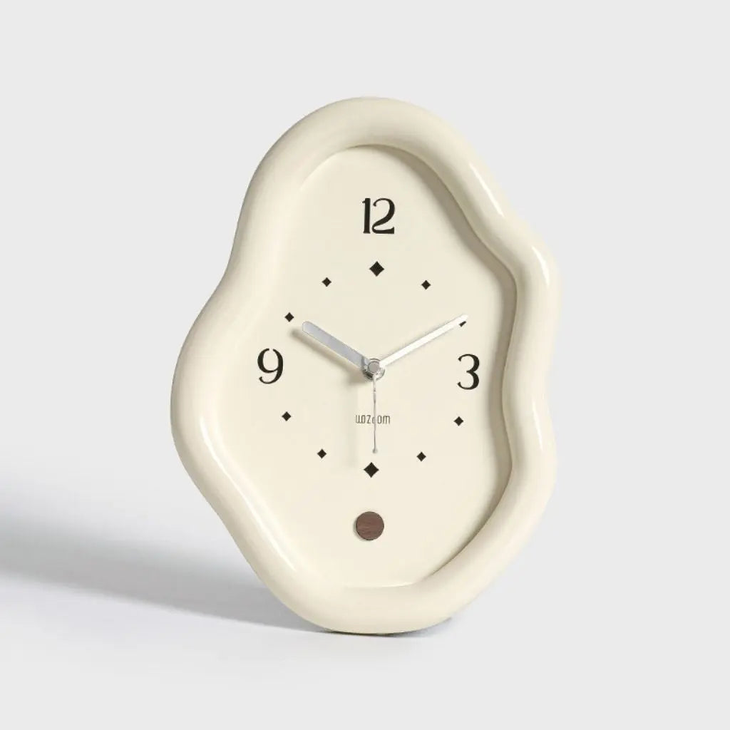 High-gloss off-white wavy table clock with diamond hour markers