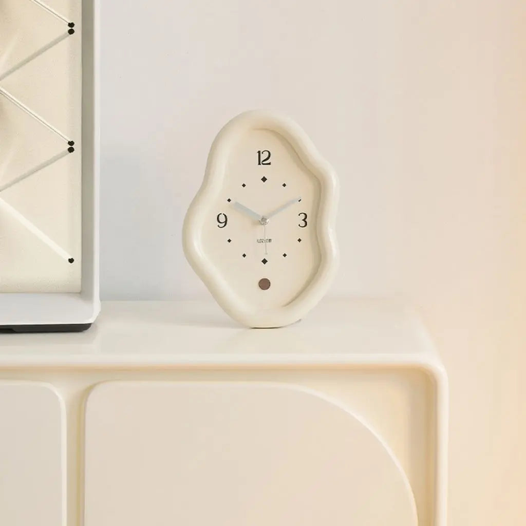 Off-white irregular wavy table clock with glossy finish and brown accent