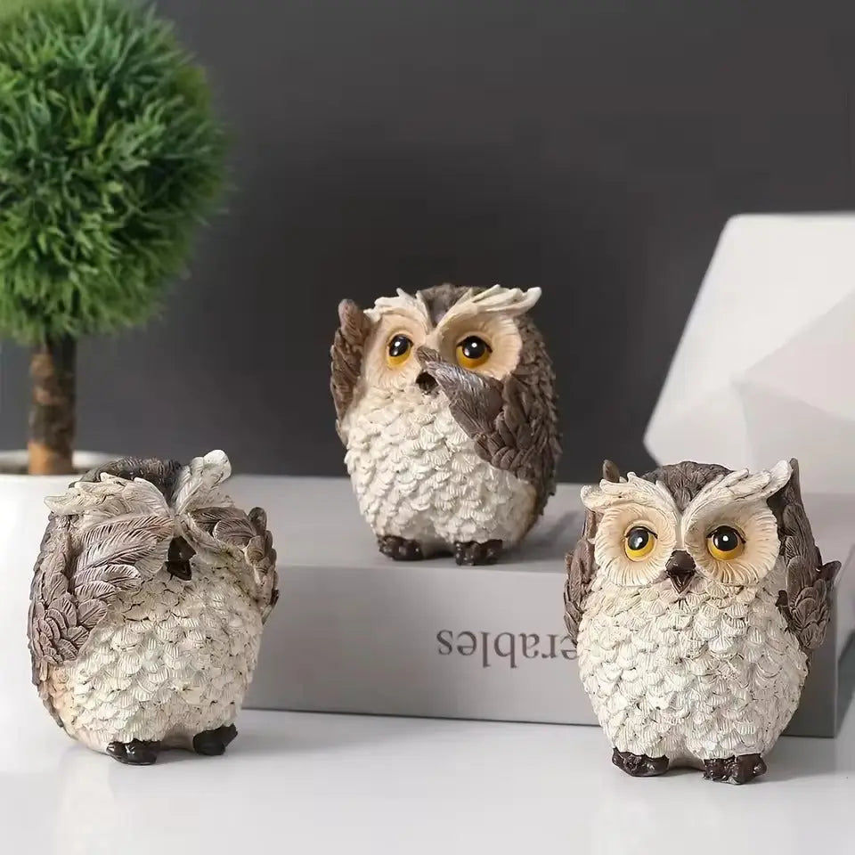 Three wise owl figurine set with textured resin and antiqued rustic finish