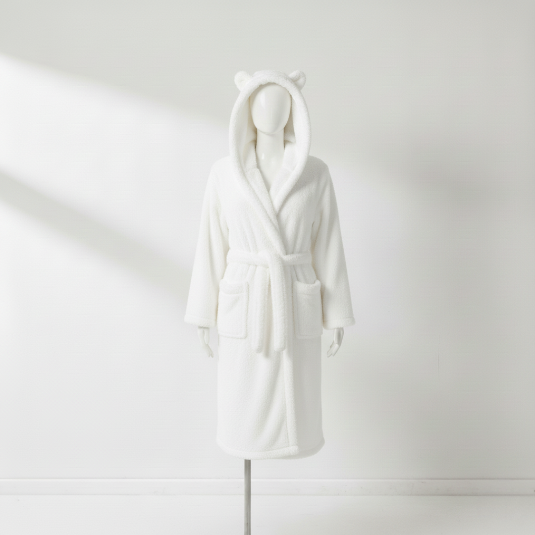 Women’s Hooded Jacquard Bathrobe Long Plush Spa Robe with Animal Ears