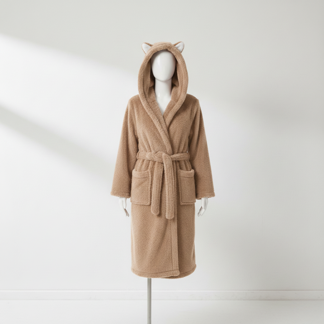Women’s Hooded Jacquard Bathrobe Long Plush Spa Robe with Animal Ears