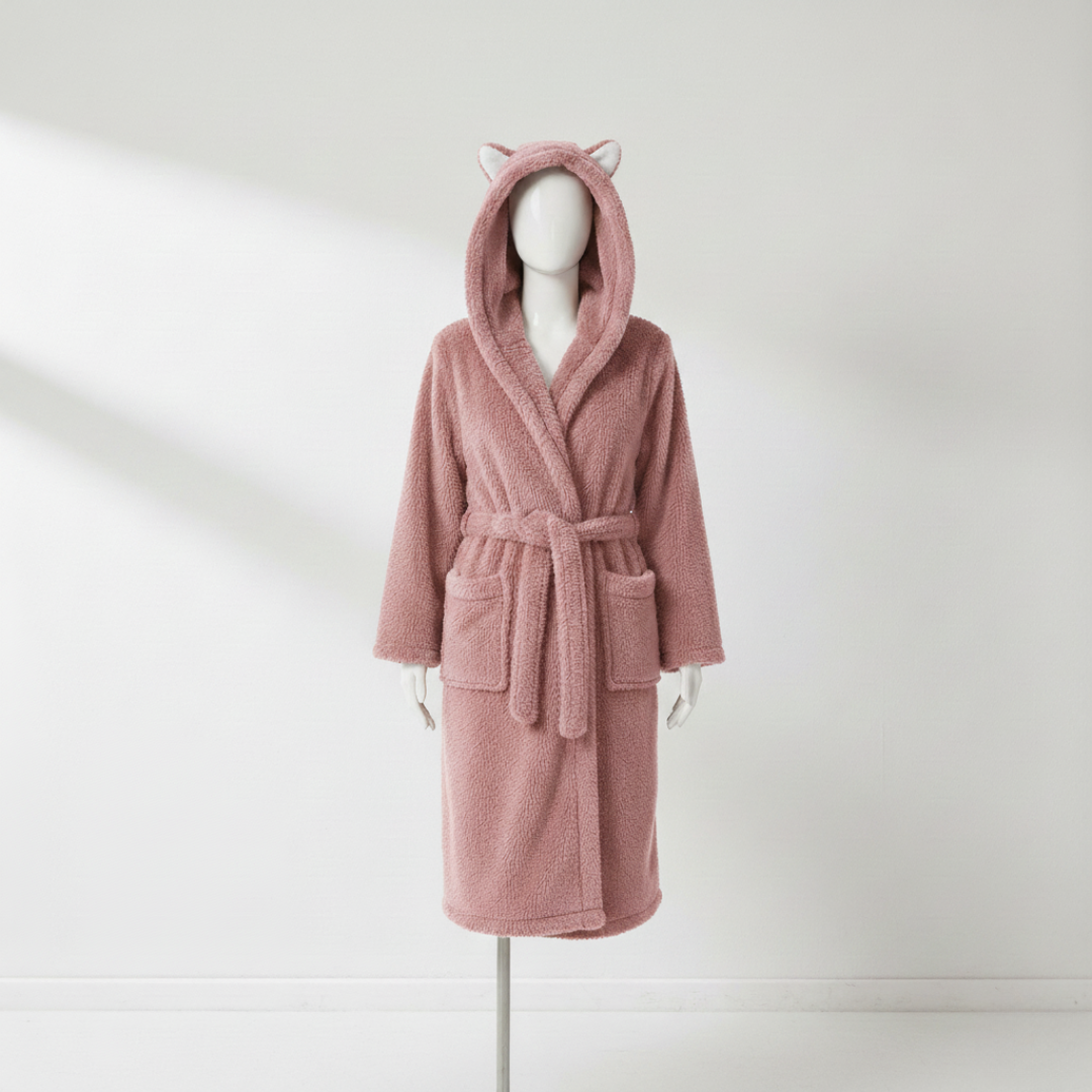 Women’s Hooded Jacquard Bathrobe Long Plush Spa Robe with Animal Ears