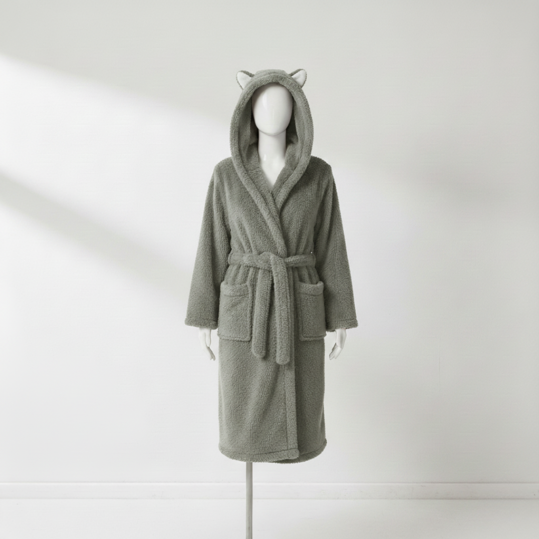 Women’s Hooded Jacquard Bathrobe Long Plush Spa Robe with Animal Ears