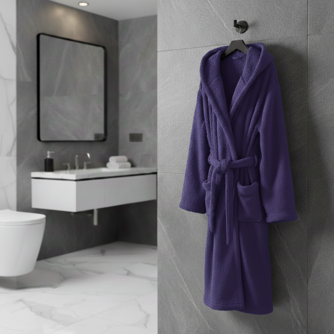 deep purple soft fleece bathrobe with hood