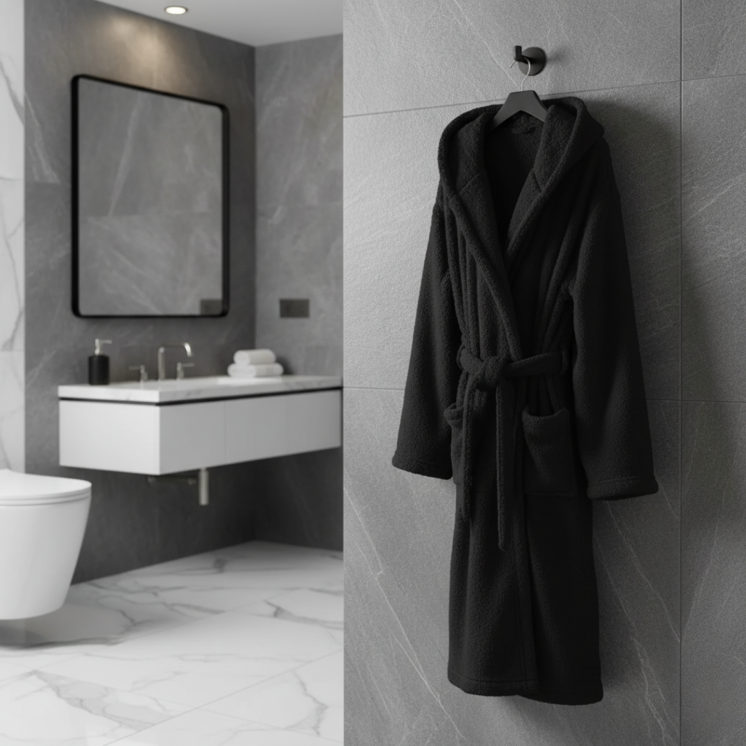 black fuzzy hooded robe on hanger