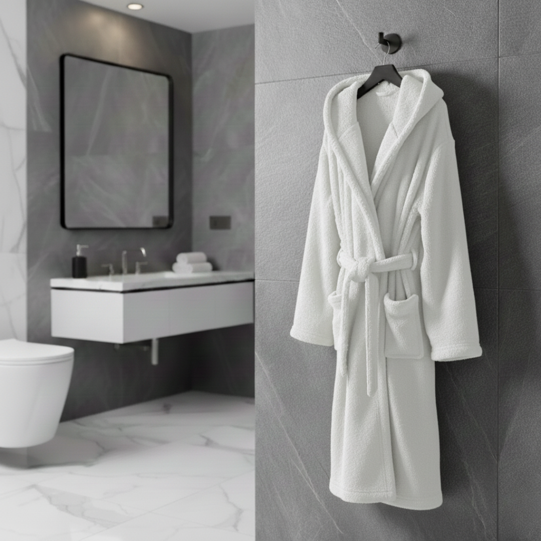 white plush hooded bathrobe hanging in bathroom