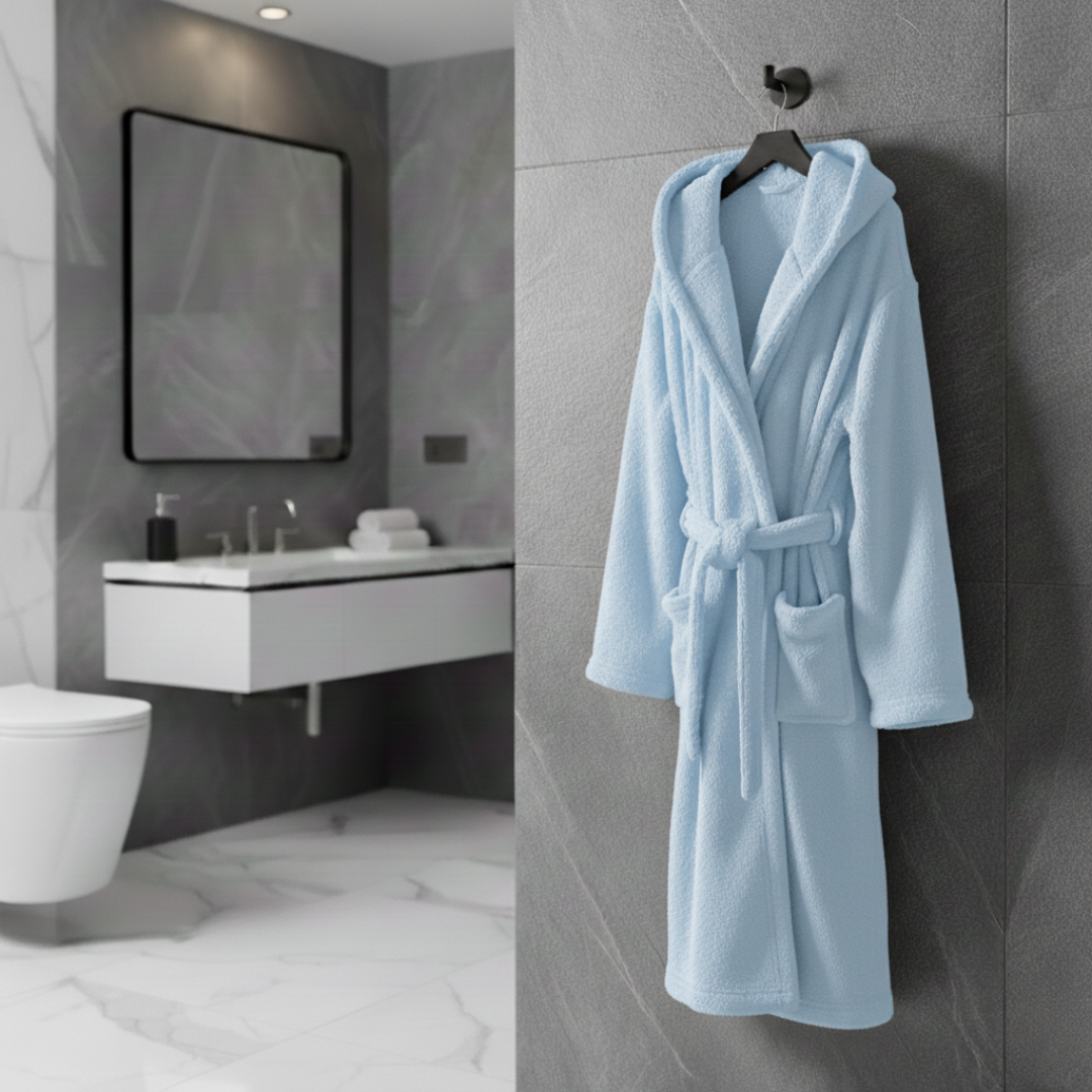 light blue hooded bathrobe with tie belt