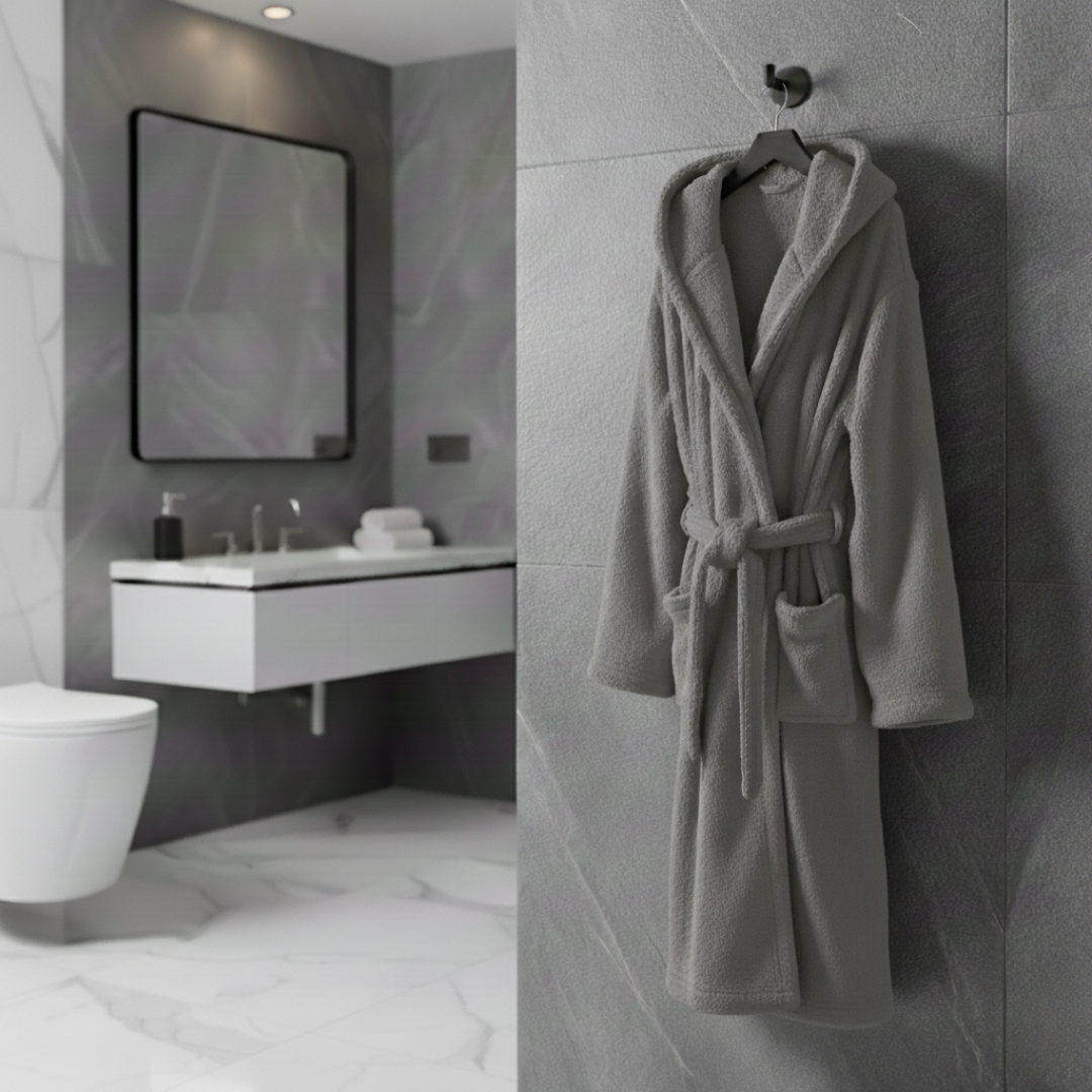 light grey women's hooded plush bathrobe with pockets
