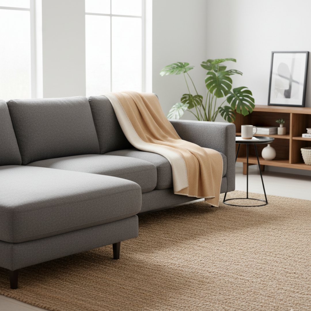 YLVA Minimalist Ochre Throw Blanket - Reversible Cotton-Wool Blend - Smooth Solid Color Scandi Accent