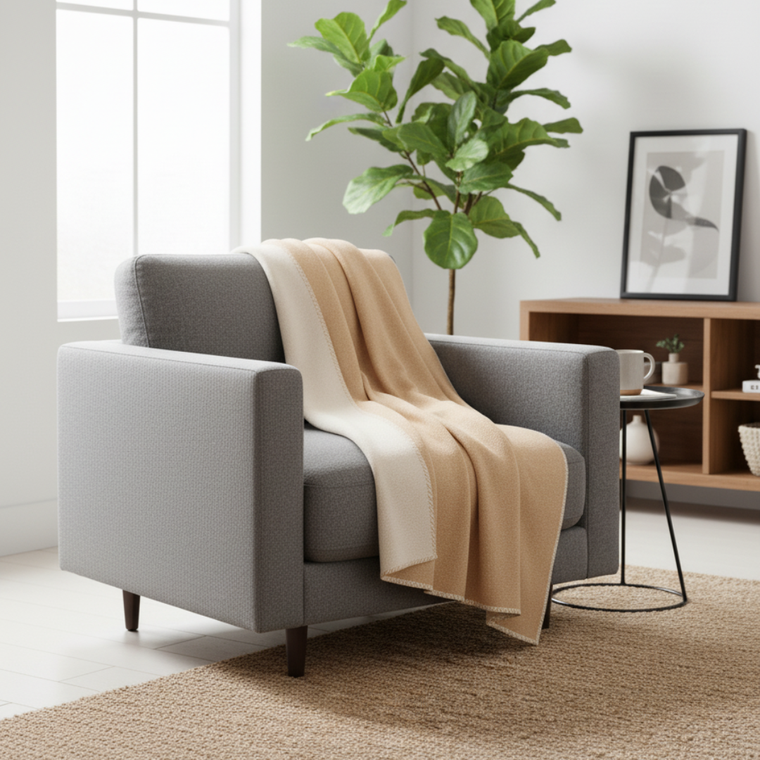 YLVA Minimalist Ochre Throw Blanket - Reversible Cotton-Wool Blend - Smooth Solid Color Scandi Accent