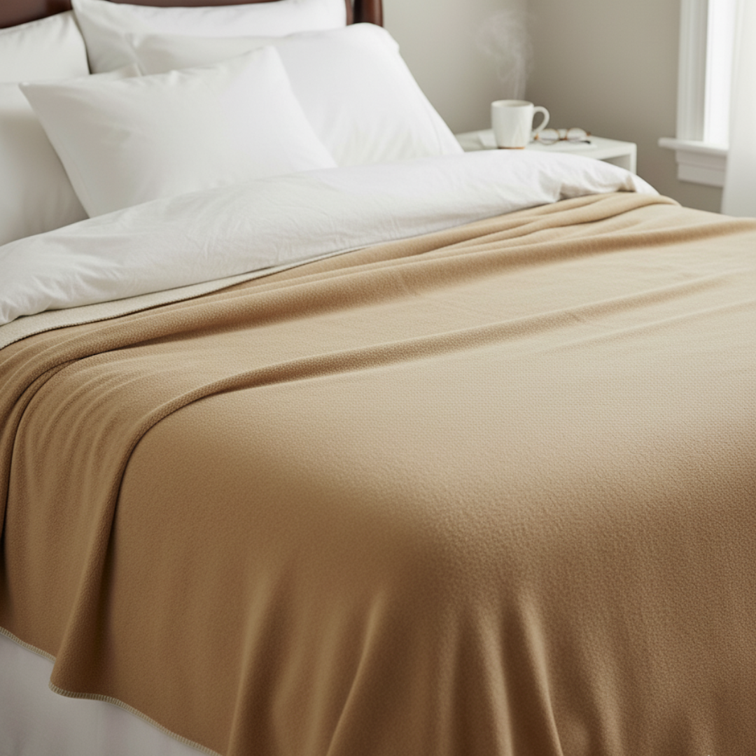 YLVA Minimalist Ochre Throw Blanket - Reversible Cotton-Wool Blend - Smooth Solid Color Scandi Accent