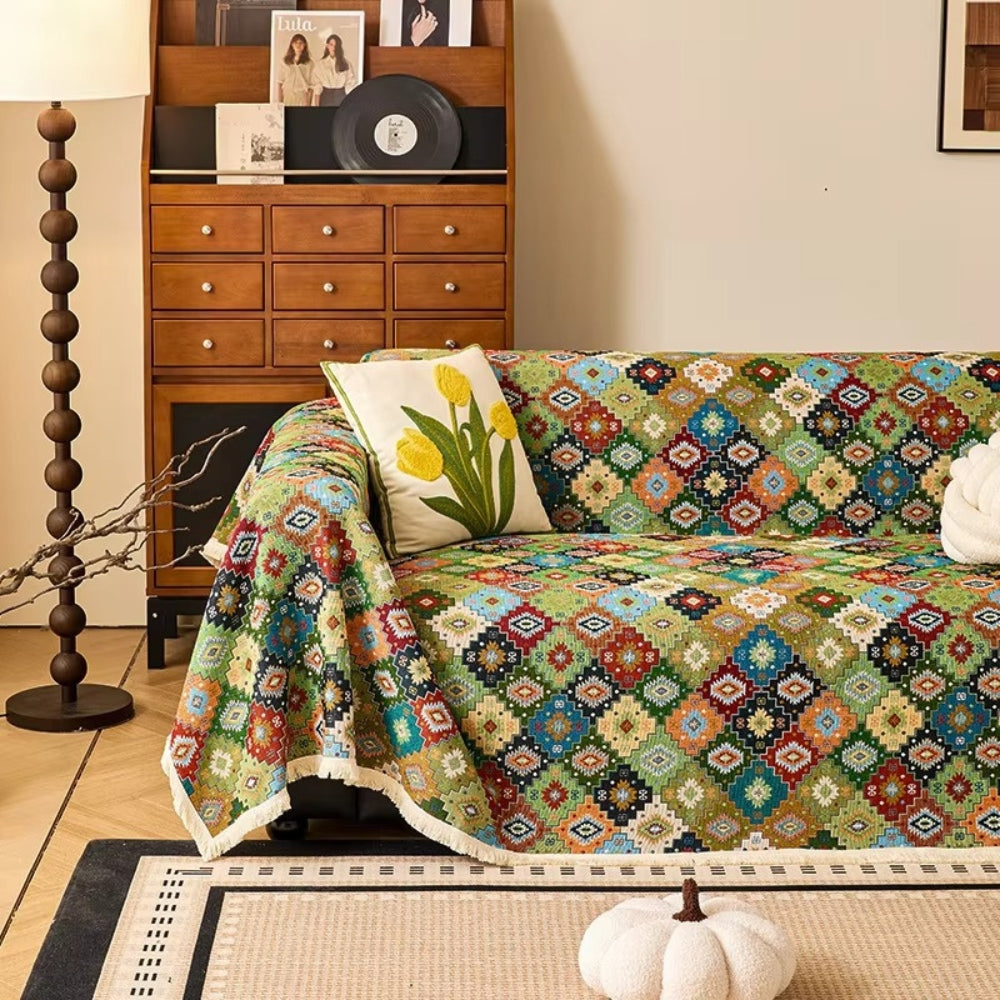 Zahara Geometric Sofa Cover – Tassel Edge Tribal Kilim Microfiber