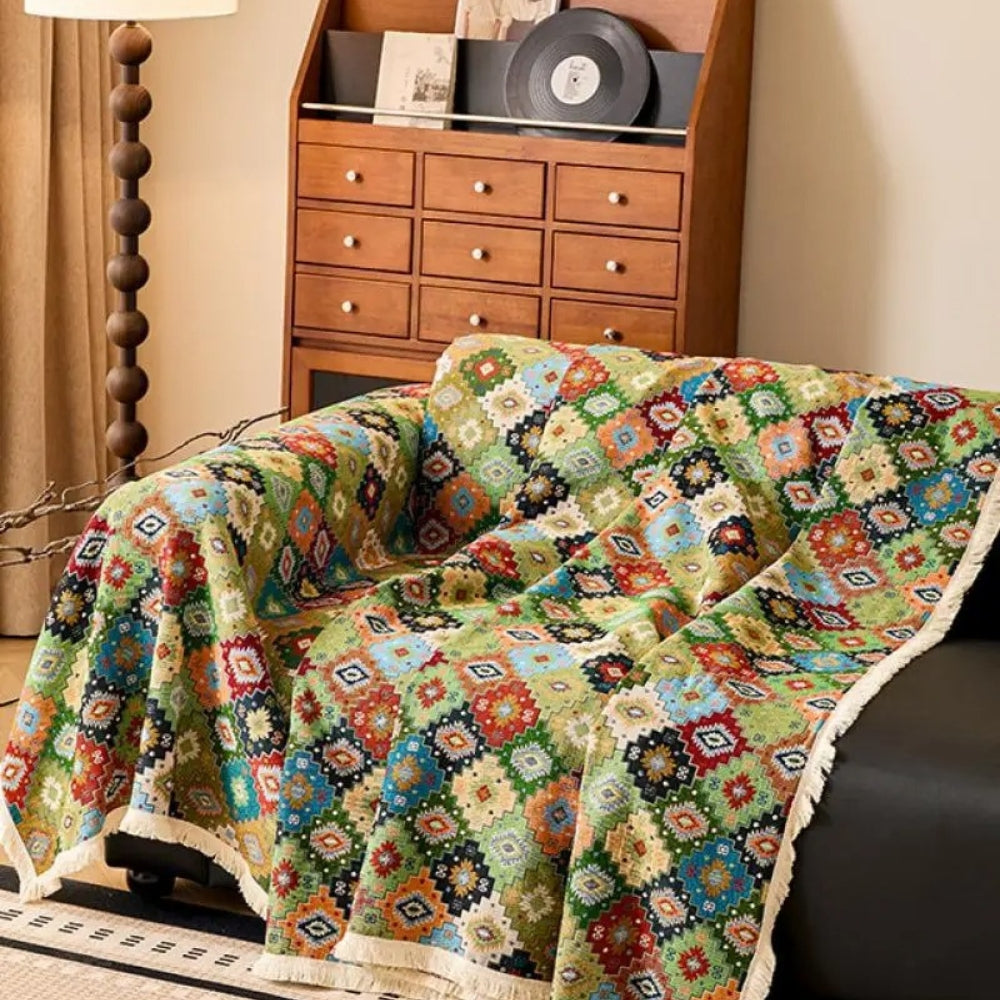 Zahara Geometric Sofa Cover – Tassel Edge Tribal Kilim Microfiber