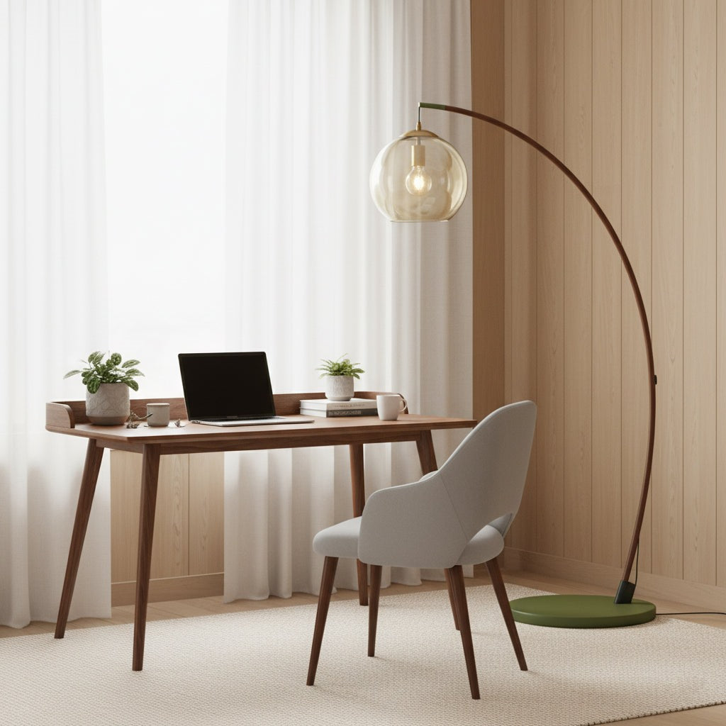 Maintained House Amber Globe Arc Floor Lamp - Over a desk