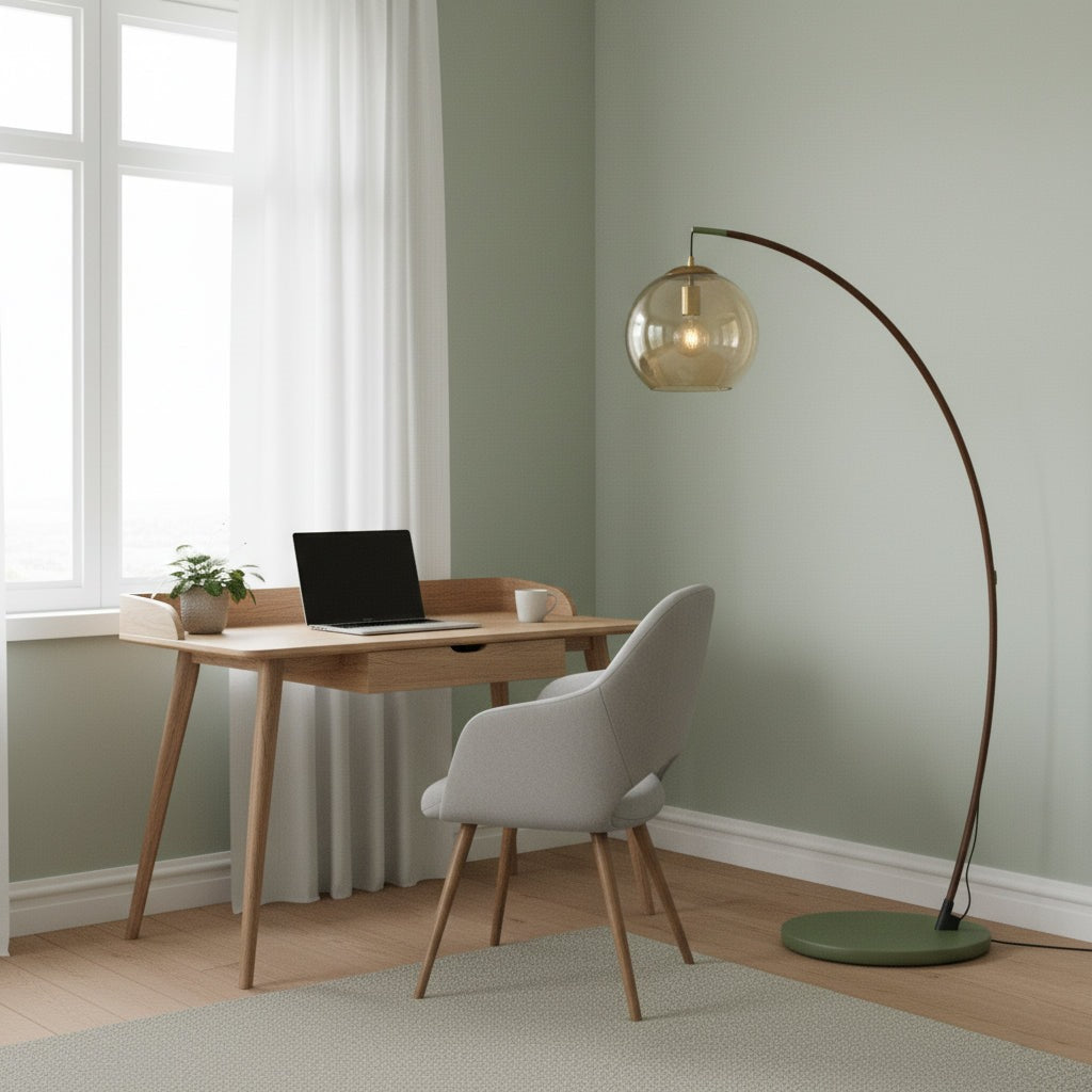 Maintained House Amber Globe Arc Floor Lamp - In a home office